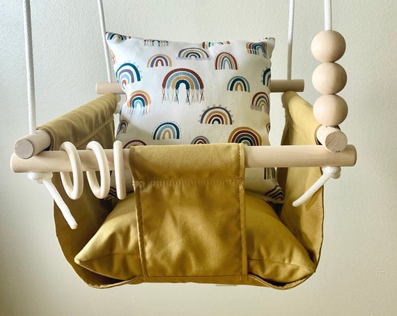 Baby swing Indoor, Gold canvas Playroom swing, Rainbow Baby Shower Gift, Toddler Swing, 1st Birthday Gift, nursery swing decor