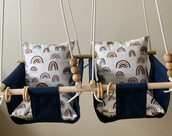 Twin's Baby Swing Indoor, Twin's navy rainbow playroom swing, nursery swing, Twin's Baby Shower gift, Twin's 1st Birthday Gift