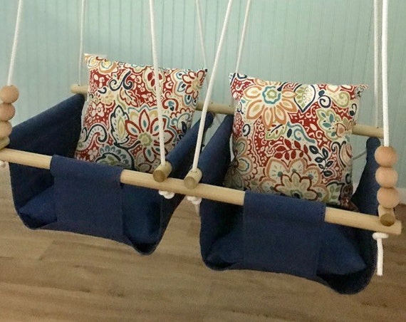Navy Twin's Baby Swing Indoor, canvas baby swing, Playroom Swing, Twin's Baby shower gift, Twin's 1st Birthday gift idea, Hammocks Swings