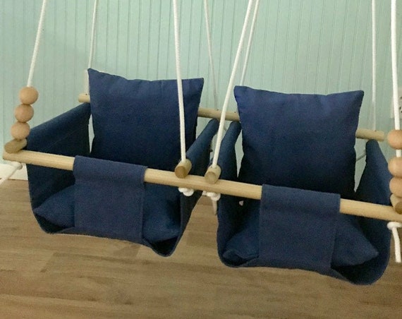 Navy Twin's Baby Swing Indoor, canvas nursery playroom swing, Twin's Baby shower gift idea, Twin's 1st Birthday, Hammocks Swings Home Living