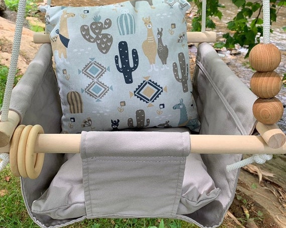 Gray Baby Swing Indoor, Canvas playroom Swing, Llama Nursery decor, First Birthday Gift, Baby Shower Gift, Toddler swing, child's swing