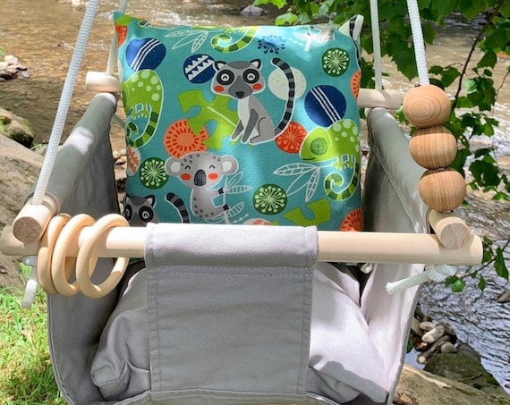 Gray Baby Swing Indoor, Canvas playroom Swing, Nursery decor, First Birthday Gift, Baby Shower Gift, Toddler swing, child's swing