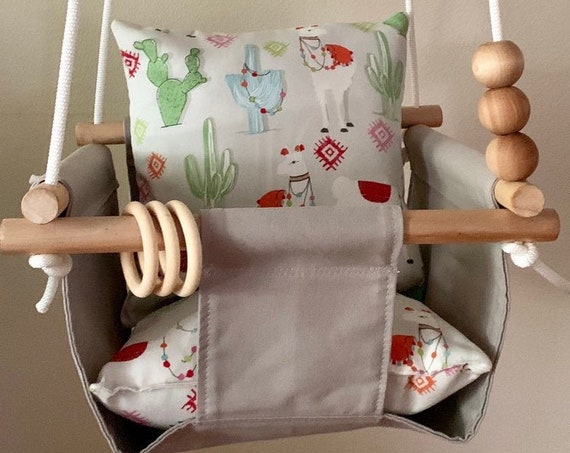 Gray Baby Swing Indoor, Llama Love Playroom swing, First Birthday Gift, Baby Shower Gift, Toddler Swing, Nursery Swing