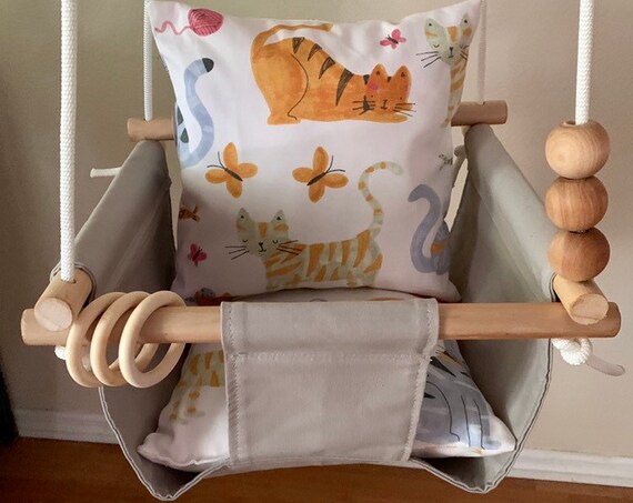 Gray Baby Swing Indoor, canvas playroom swing indoor, First Birthday Gift, Baby Shower Gift, Toddler Swing, Fabric Swing, Cat nursery decor