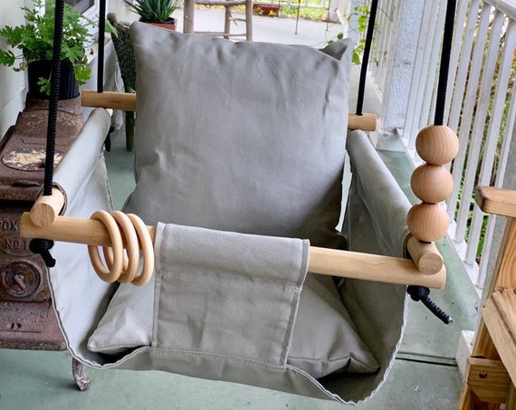 Gray Baby Swing Indoor, Light gray canvas playroom swing, First Birthday Gift, Baby Shower Gift, Nursery Swing, Toddler swing