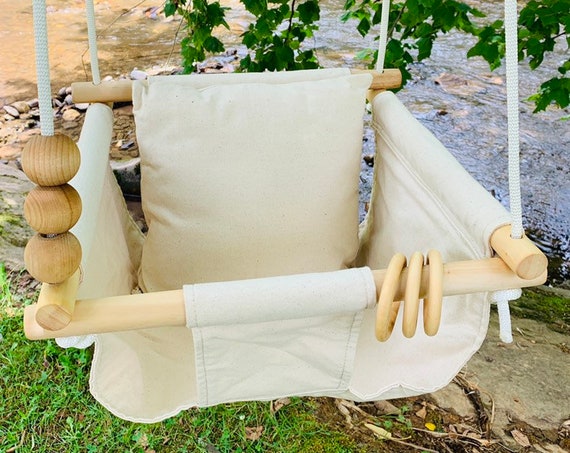 Natural Baby Swing Indoor, Canvas fabric playroom swing, First Birthday Gift, Baby Shower Gift, Boho Baby nursery swing, Toddler Swing