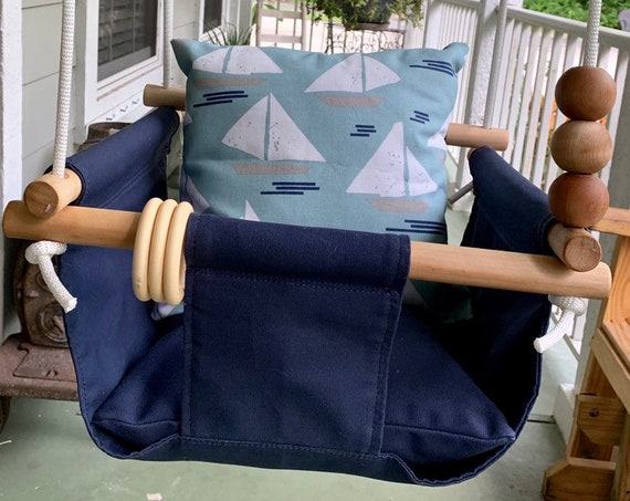 Sailboat Navy Baby Indoor Swing, canvas playroom swing, First Birthday Swing, Baby Shower Gift, Toddler Swing, Nautical Baby Nursery