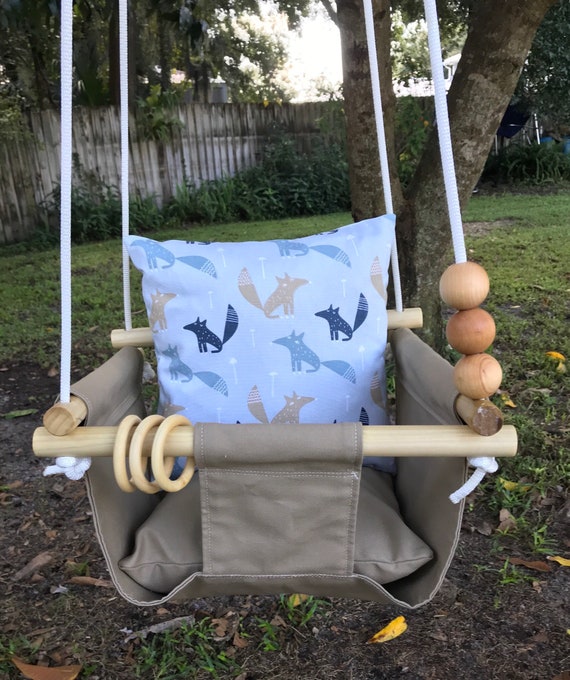 Khaki Baby Swing Toddler, canvas toddler playroom swing, First Birthday Gift, Baby Shower Gift, Fox or Llama Baby Nursery Decor