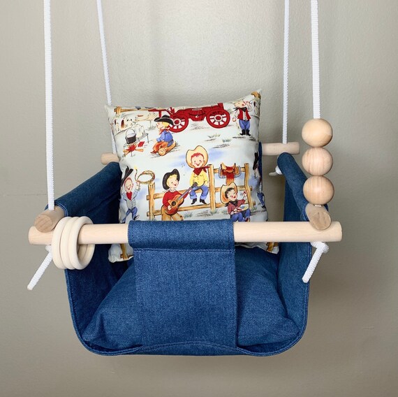 Denim baby swing, Western cowboy nursery decor, Child's Playroom swing, Toddler swing, 1st Birthday gift, Baby shower gift.
