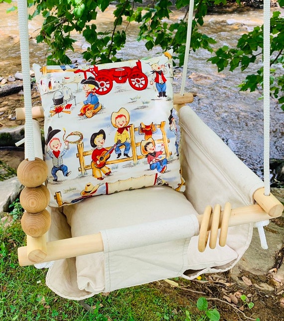 Natural Baby Swing Indoor, Canvas fabric playroom nursery swing, First Birthday Gift, Baby Shower Gift, Cowboy nursery, Toddler Swing