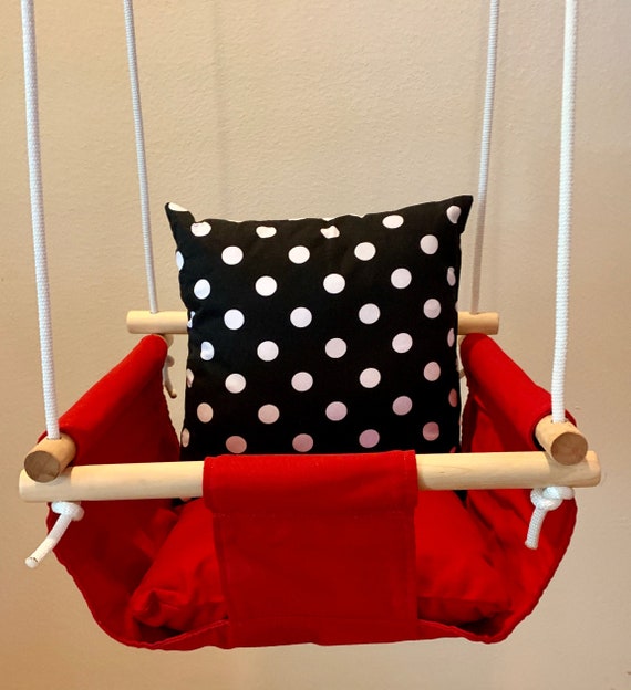 Red Baby Swing Indoor, Canvas Playroom nursery swing, First Birthday Gift, Baby Shower Gift, Toddler Swing, Polka Dot Decor