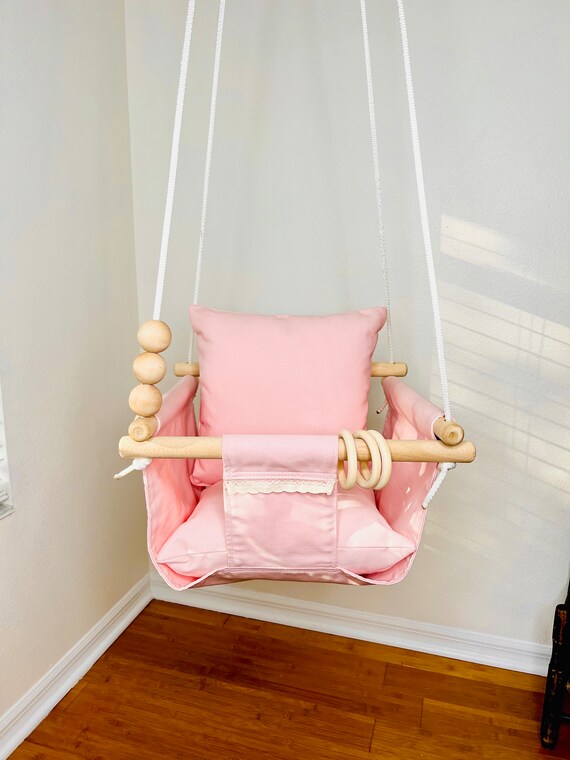 Baby Swing Indoor, Canvas Playroom Swing, Pink Canvas swing with eyelet trim, First Birthday Gift, Baby Shower Gift, Toddler Swing