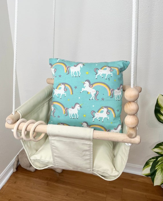 Baby Swing Indoo.r Cream canvas playroom unicorn swing. Toddler Swing.1st Birthday Gift. Baby Shower gift. Boho Nursery. Mother's Day gift