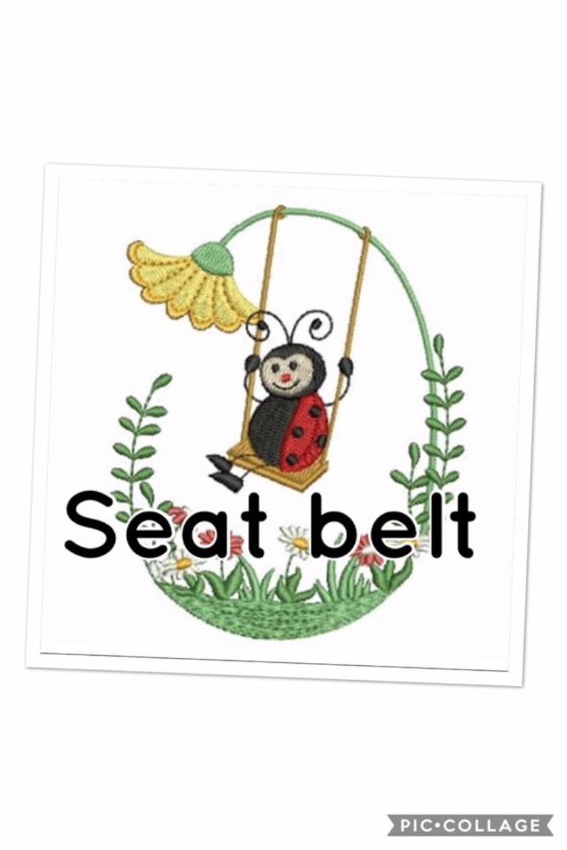 May include: A red and black ladybug on a swing with a yellow flower and green leaves. The text "Seat belt" is below the ladybug.