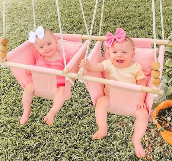 Pink Baby Swing Indoor, Twin's baby canvas playroom swing, Twin's 1st First Birthday, Twin's Baby Shower gift,  swing, Nursery swing decor