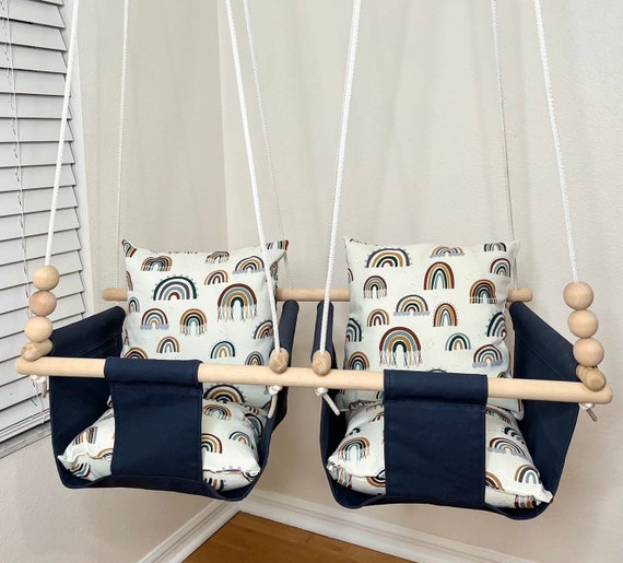 Twin's Baby Swing Indoor, Twin's navy rainbow playroom swing, nursery swing, Twin's Baby Shower gift, Twin's 1st Birthday Gift