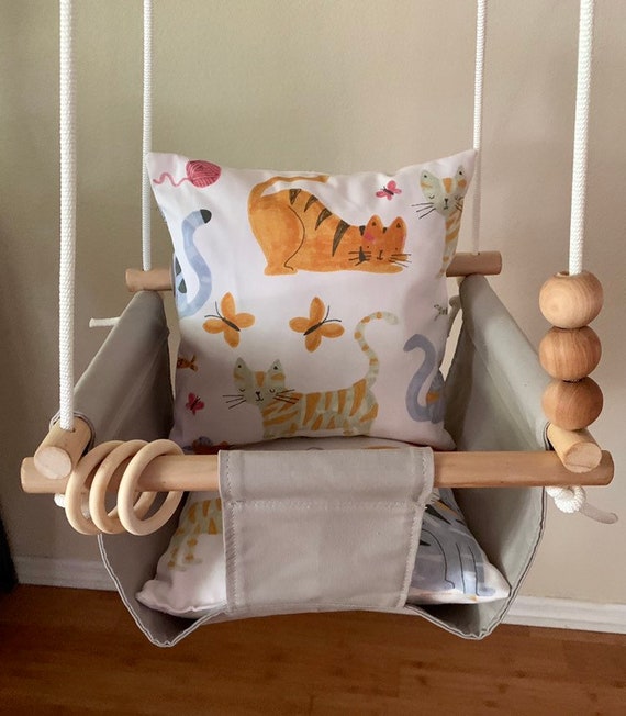 Gray Baby Swing Indoor, canvas playroom swing indoor, First Birthday Gift, Baby Shower Gift, Toddler Swing, Fabric Swing, Cat nursery decor