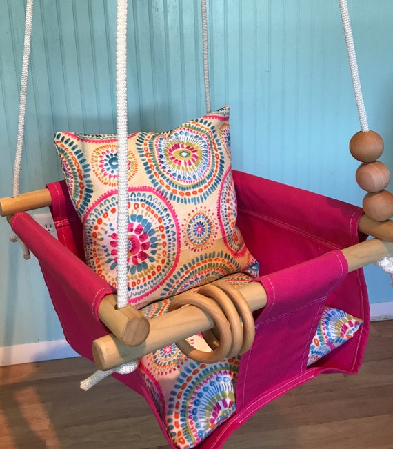 Pink Baby Swing Indoor, Canvas Playroom Swing, First Birthday Gift, Baby Shower Gift, Toddler Swing, Nursery Swing, Fabric Baby Swing