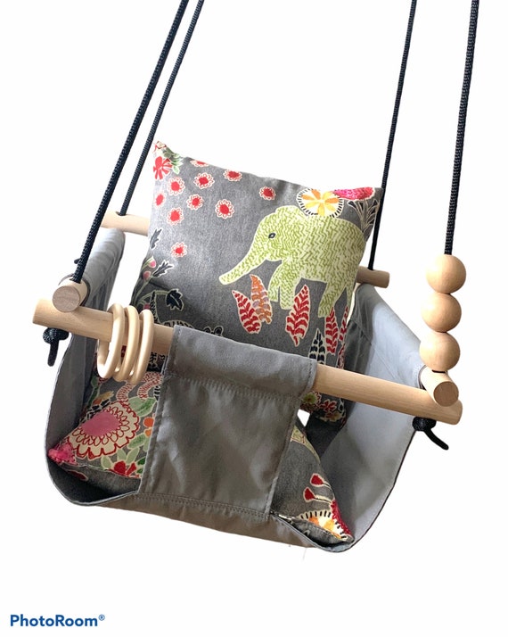 Baby Swing, Dark gray swing with safari animal pillows, Playroom decor, Toddler swing, 1st birthday gift, Baby Shower gift, Nursery decor