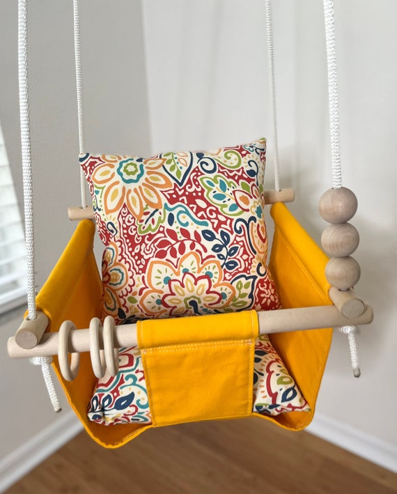 Sunflower yellow Baby Swing Indoor, Canvas Playroom Swing, First Birthday Gift, Baby Shower Gift, Toddler Swing, Fabric Baby Swing