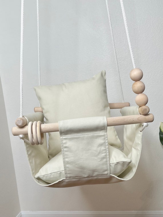 Baby Swing Indoor, Cream canvas playroom swing, Toddler Swing, 1st Birthday Gift, Baby Shower gift, Boho Nursery Decor Swing