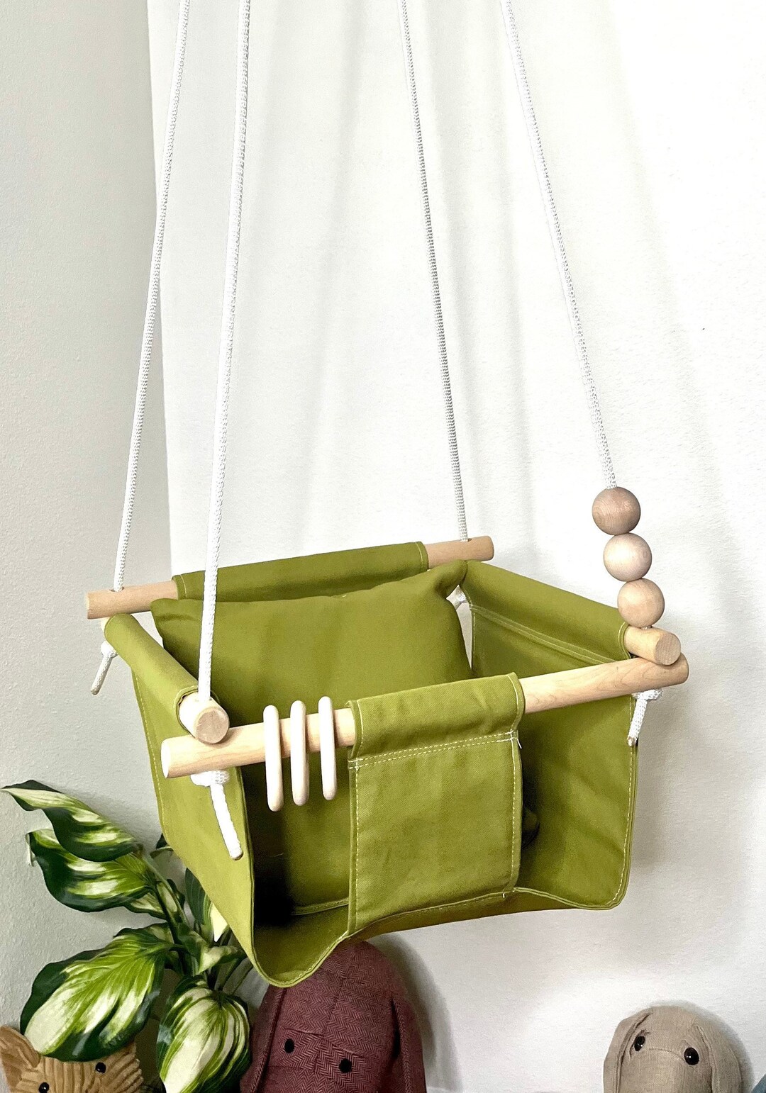 Olive Green Baby Swing Indoor, Canvas Playroom Swing, First Birthday