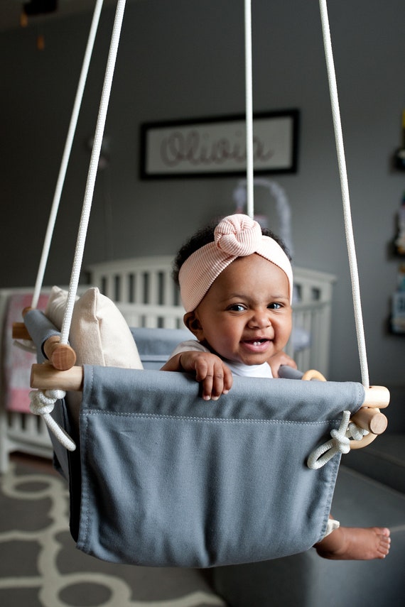 Gray Baby Swing Indoor, Dark gray canvas playroom swing. Toddler Swing, First Birthday Gift, Baby Shower Gift, Baby Nursery Decor