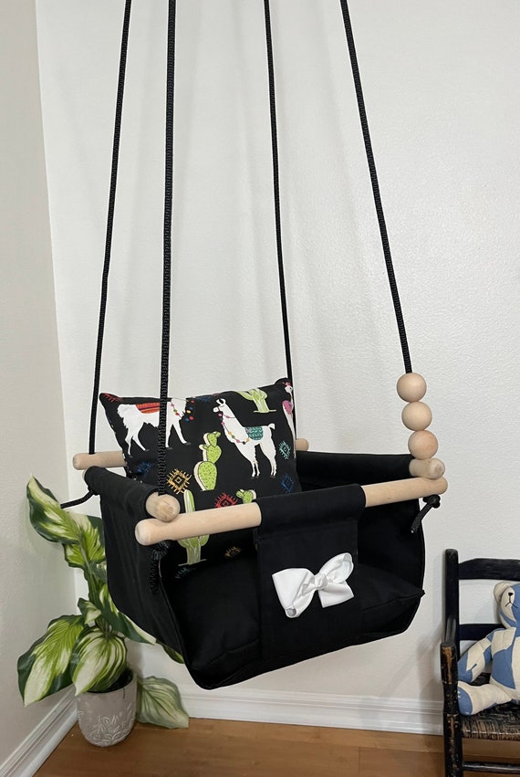 Baby Swing Indoor, Black canvas playroom swing. Llama Baby Nursery swing, First Birthday Gift, Baby Shower Gift, Toddler Swing,