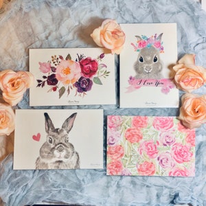 Easter, mid autumn festival, watercolour bunny rabbit flowers Illustration postcard set image 1