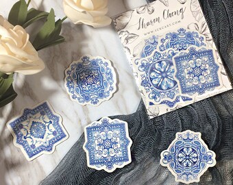 Elegant Filigree  Hand painted blue pattern watercolour stickers