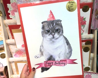 Watercolor hand-painted cat birthday card, happy birthday hand-writing calligraphy, big card  with envelope