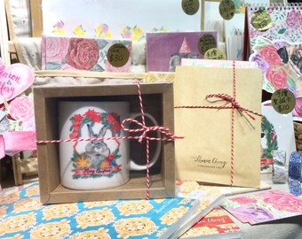 Watercolor hand-painted bunny Christmas mug, rabbit Xmas mug, Merry Christmas box set package, hand writing calligraphy Ho Ho Ho Mug, gift