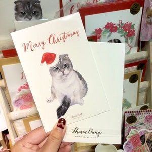 Watercolor hand painted cat Christmas postcard, Xmas card with hand calligraphy, Merry Christmas, holiday card image 1