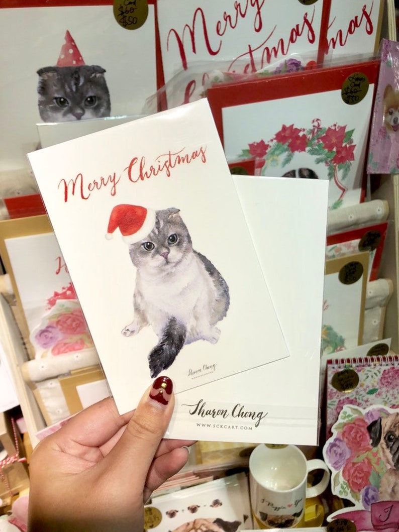 Watercolor hand painted cat Christmas postcard, Xmas card with hand calligraphy, Merry Christmas, holiday card image 1