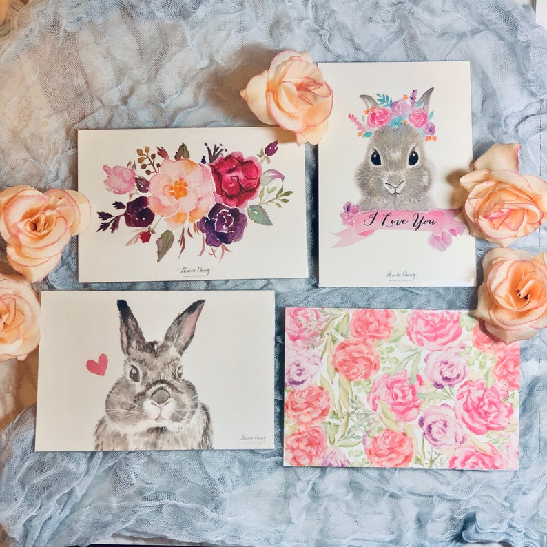 Easter, mid autumn festival, watercolour bunny rabbit flowers Illustration postcard set image 1