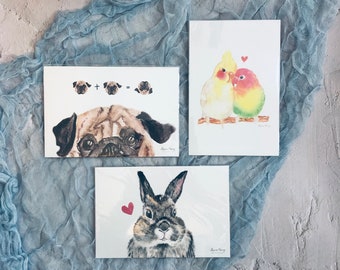 Watercolour hand-painted cute animal card, pug, bunny, love bird, parrot, cockatiel card, dog illustration postcard, pug lover
