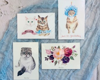 Hand painted watercolour cat/kitty postcard set