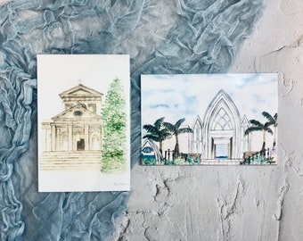 Hand-painted watercolor church print postcard