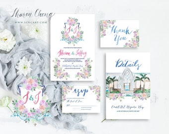 Watercolor Invitation Set, Wedding Stationery, Custom Wedding Suite, Stationery Cards, Illustration, Wedding Crest