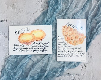 Watercolour handprinted Hong Kong local food egg waffle, egg tarts postcard