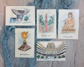 Watercolor hand-painted the Hong Kong Collection postcard, peninsula Hong Kong hotel, The Big Buddha, HK Clock Tower, The Peak Tower