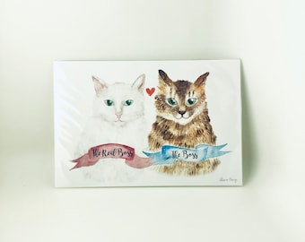 Hand-painted watercolor cat the real boss and the boss postcard, Valentine's Day