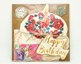 Watercolour hand-painted Birthday Cake with calligraphy Happy Birthday card