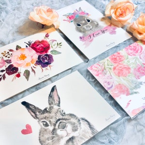 Easter, mid autumn festival, watercolour bunny rabbit flowers Illustration postcard set image 3