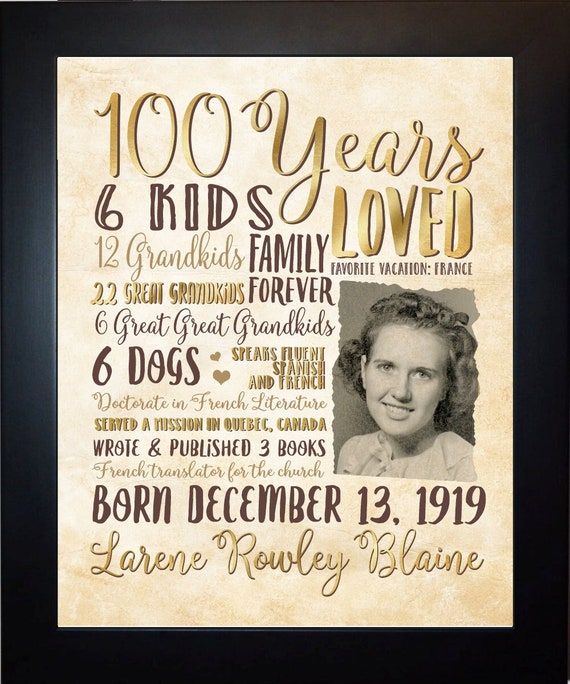 Personalized 100th Birthday Gift to Celebrate 100 Year Old - Etsy