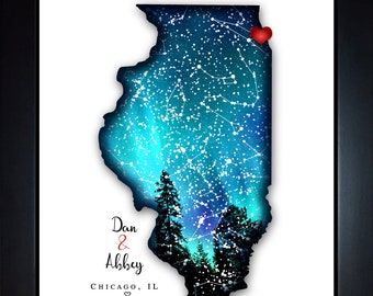 Any State With Stars, Illinois Map, Anniversary Gifts, Illinois Wedding Gifts, Chicago Gifts Housewarming Present, IL Poster Wall Art Print