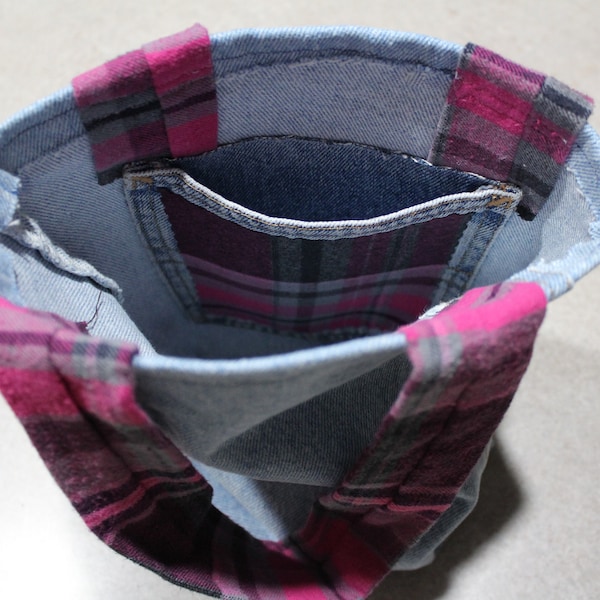 Blue Jean Bag with Soft Pink Plaid Handles