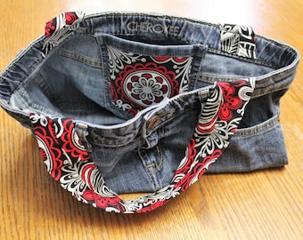 Jean Bag with Red, White, & Black Flowers