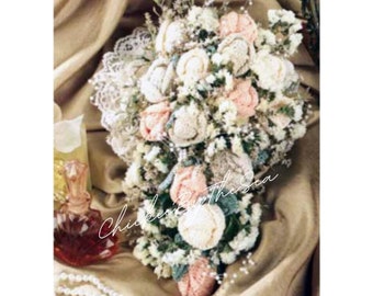Patrón de ramo de novia de crochet, rosas de novia, ramo bohemio de reliquia, PDF, descarga digital instantánea, rosas de algodón de crochet