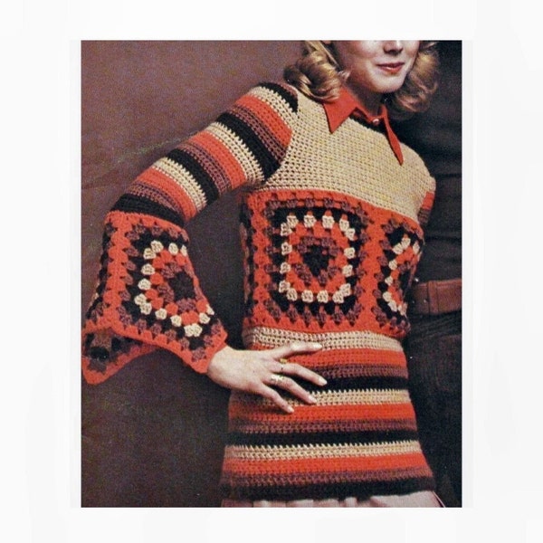 Vintage Crochet Pattern Granny Square Pullover Bell Sleeves Sweater PDF Instant Digital Download Bohemian Style Tunic Top S M L